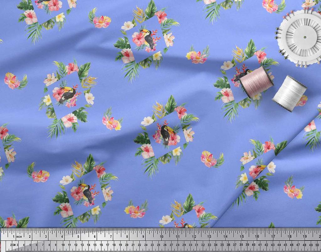 Soimoi Blue Poly Crepe Satin Fabric Bird & Floral Print Print Fabric by the Metre 42 Inch