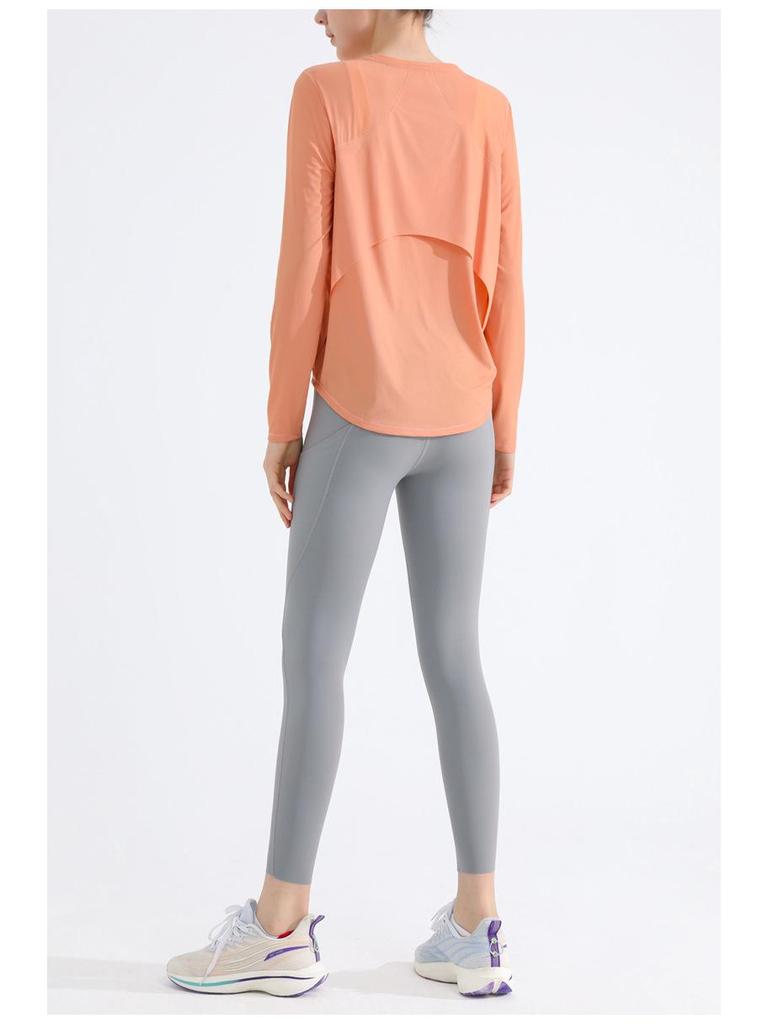 Women's Long-Sleeve Quick-Dry Yoga Top: Nude Open Back, Breathable, Loose Fit, Sun Protection for Running and Fitness.