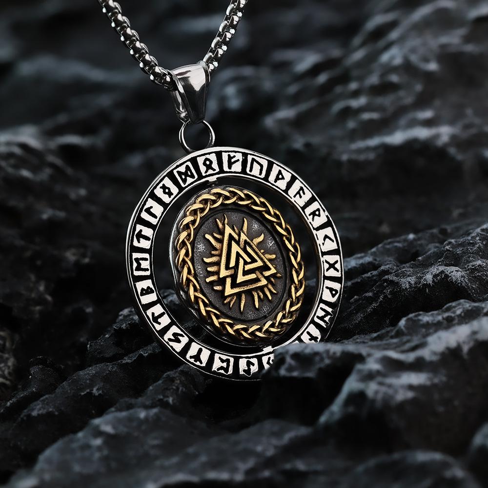 Men's Retro Nordic Viking Rune Compass Pendant - 360° Rotating Stainless Steel.
