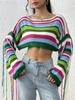 Women's Rainbow Stripe Tassel Knitted Sweater Sexy Ultra Short Open Umbilical Loose Sweater