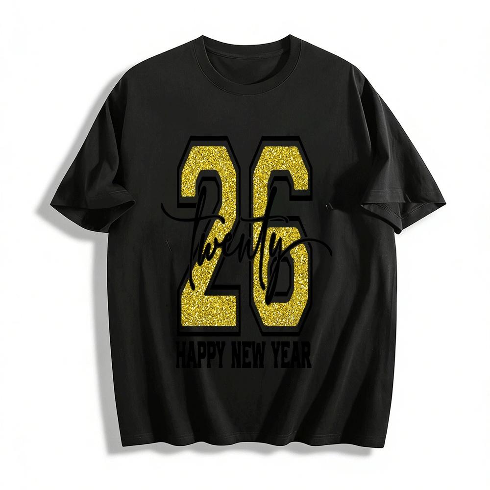 2026 Happy New Year Sparkle Glitter Number Print Casual Top Pure cotton T-shirt XXS