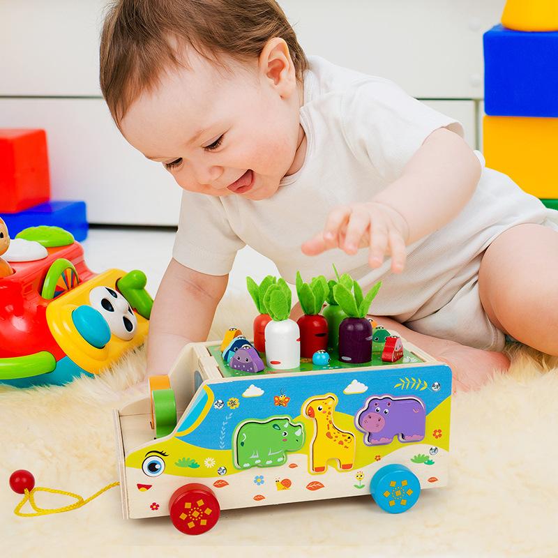 Seven-In-One Multi-Functional Pairing Car Children'S Educational Early Education Catch Insects And Pull Radishes Animal Pairing Wooden Toys