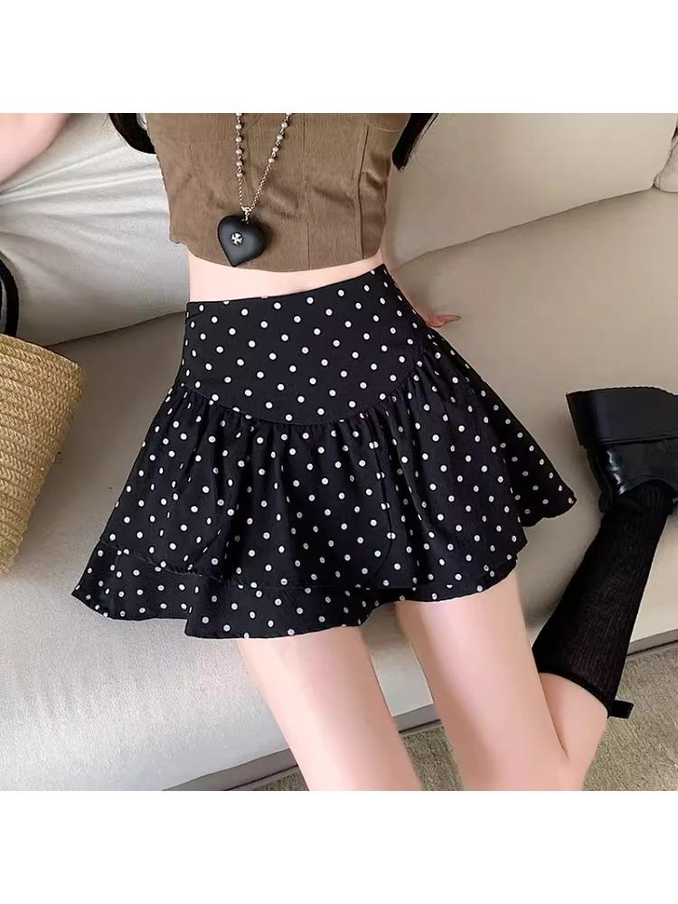 Women's Gray Polka Dot Ruffle Hem Midi Skirt - Irregular A-line High Waist, Petite Fluffy Short Skirt for Autumn.