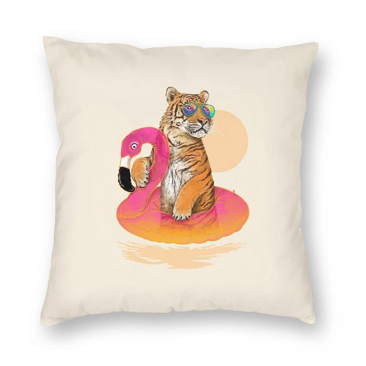 Chillin Flamingo Tiger Square Pillowcase Polyester Linen Velvet Creative Zip Decor Bed Cushion Cover 30x30cm