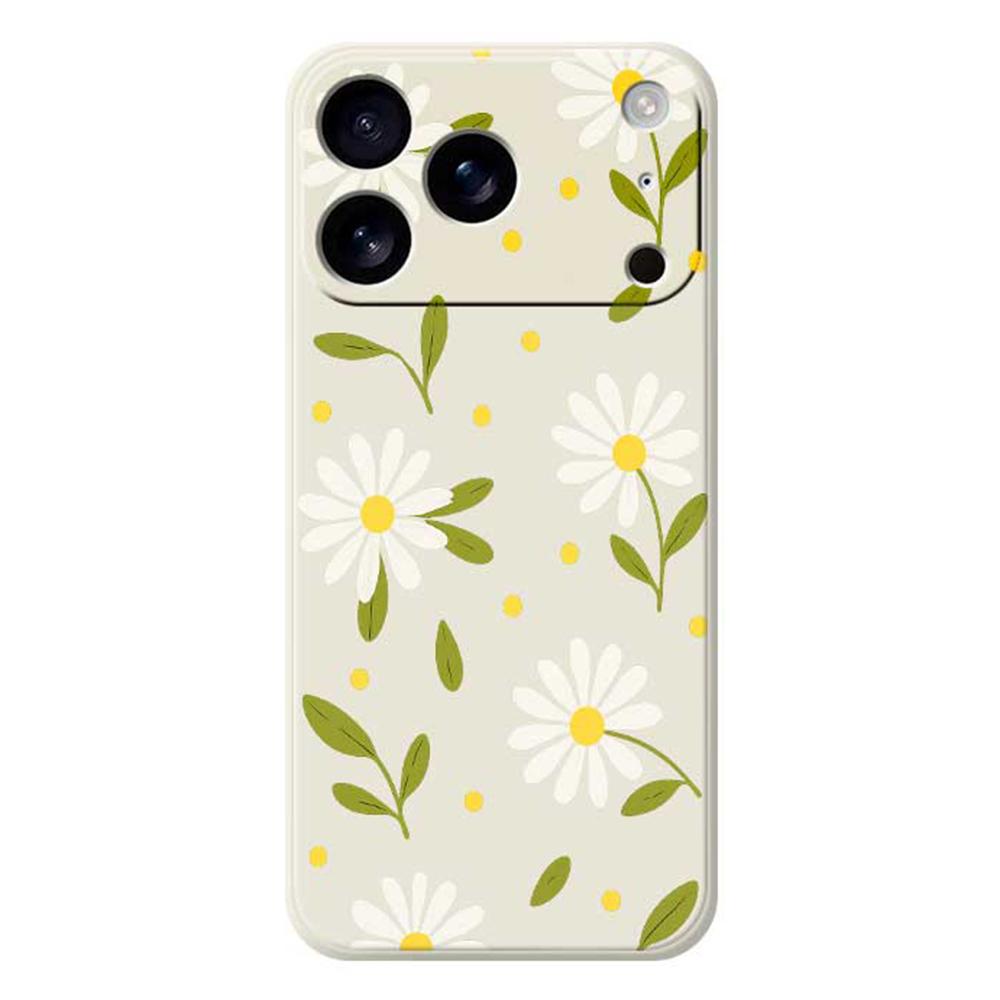 

For iPhone 17 Pro Max Case White Flowers Green Leaves Pattern Printing Straight Edge TPU Phone Back Cover Beige
