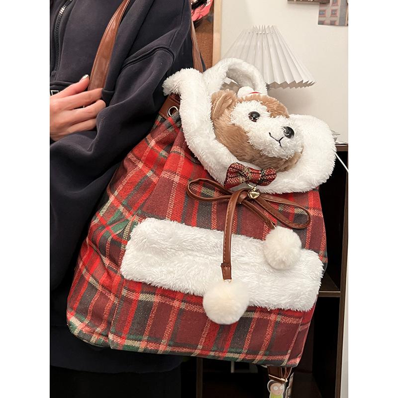 Duffy Plush Toy Square Checkered Backpack With Adjustable Straps Shoulder