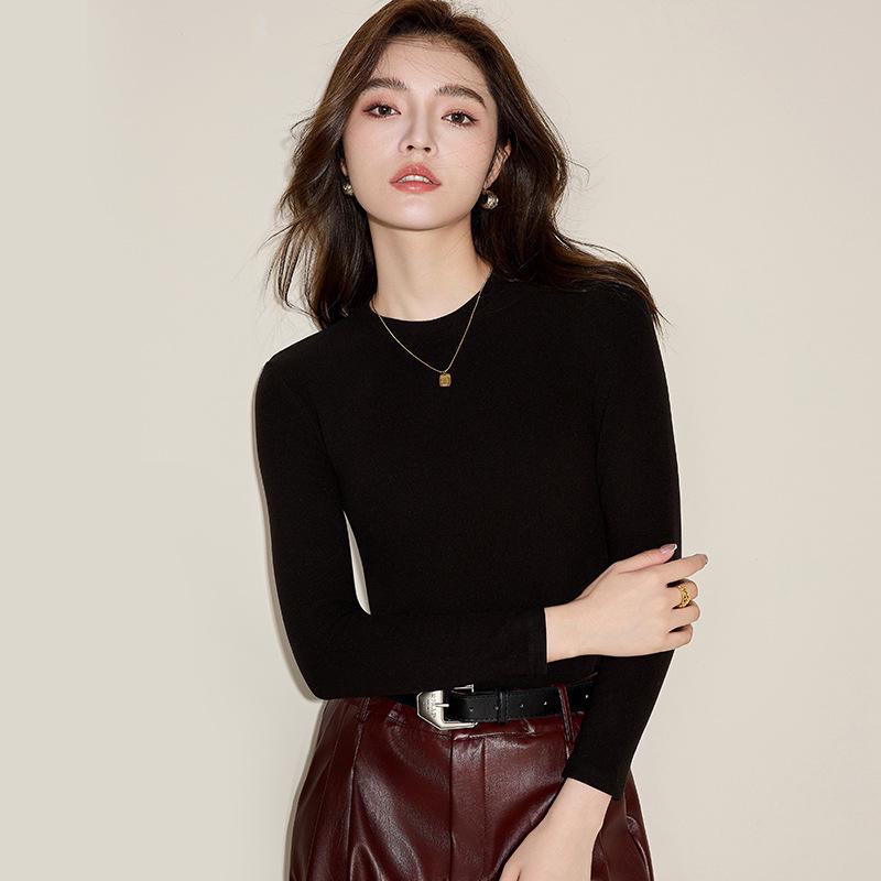 Женский топ большого размера Slim Fit из кашемира с длинными рукавами и круглым вырезом на бархатной подкладке M чёрный 1939₽