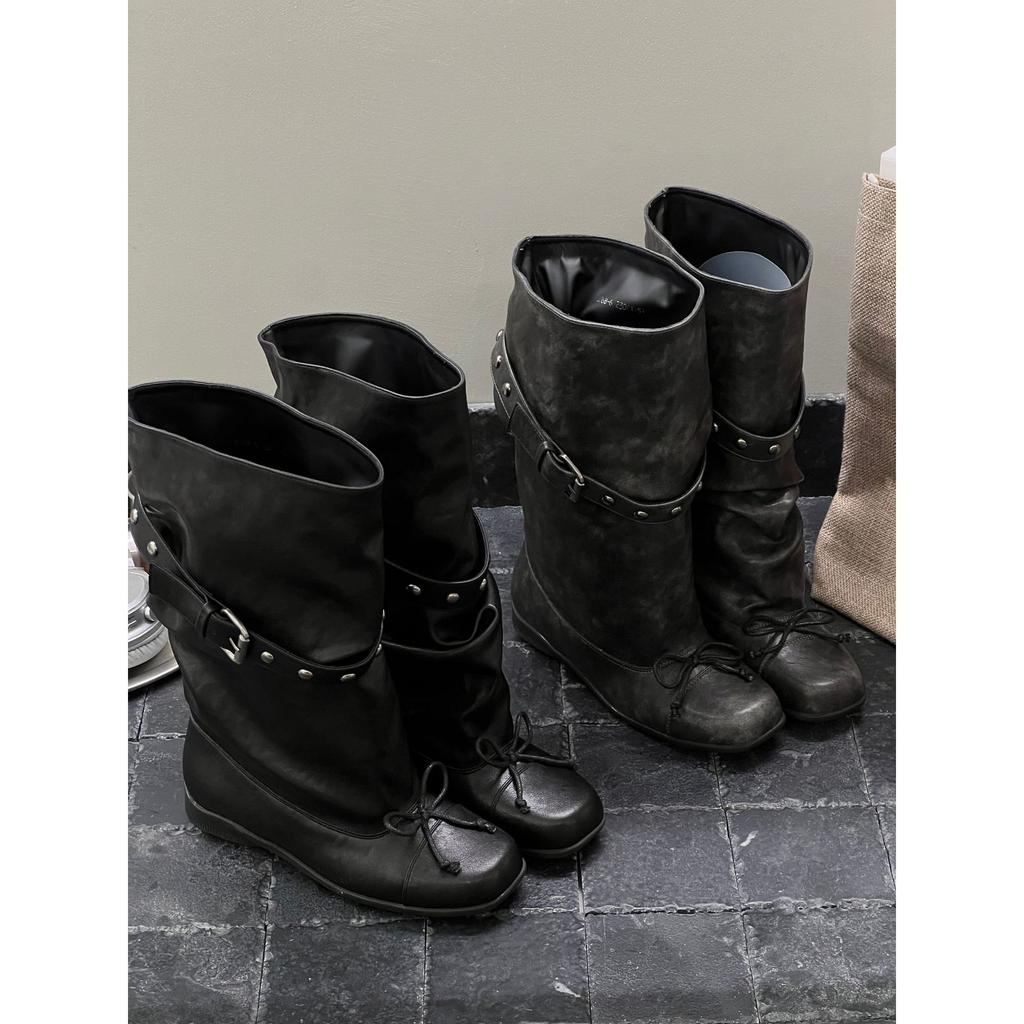 Retro Riveted Pants Boots Autumn New Fashion Bow Spice Girl Wasteland Wind Black Thick Heel Pile Boots