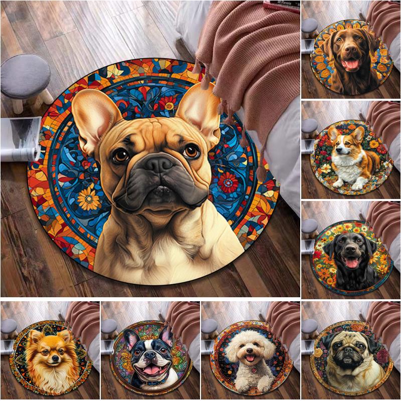 1Pc Animal Dog Circular Print Rug - Home Decoration Carpet For Living Room Bedroom Flooring Computer Chair Area Rug