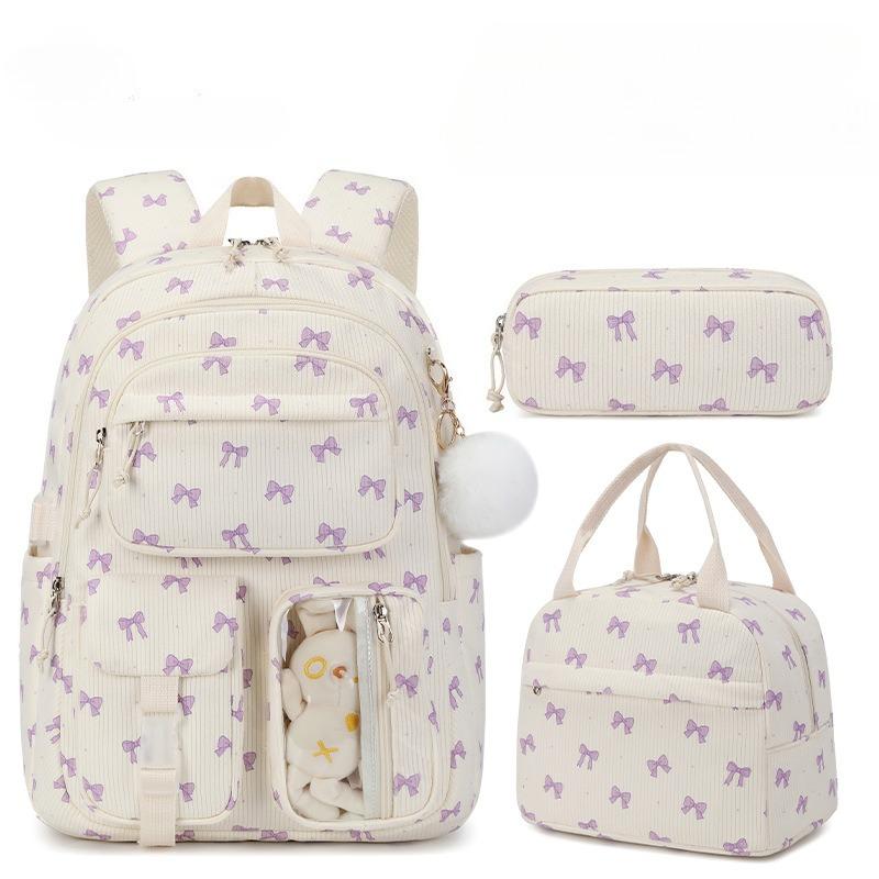 Set de 3 pièces Sac à dos d'école en velours côtelé avec sac à lunch trousse à crayons Sac d'école mignon pour fille Sac à livres Fraise Sac à dos pour adolescents Femmes
