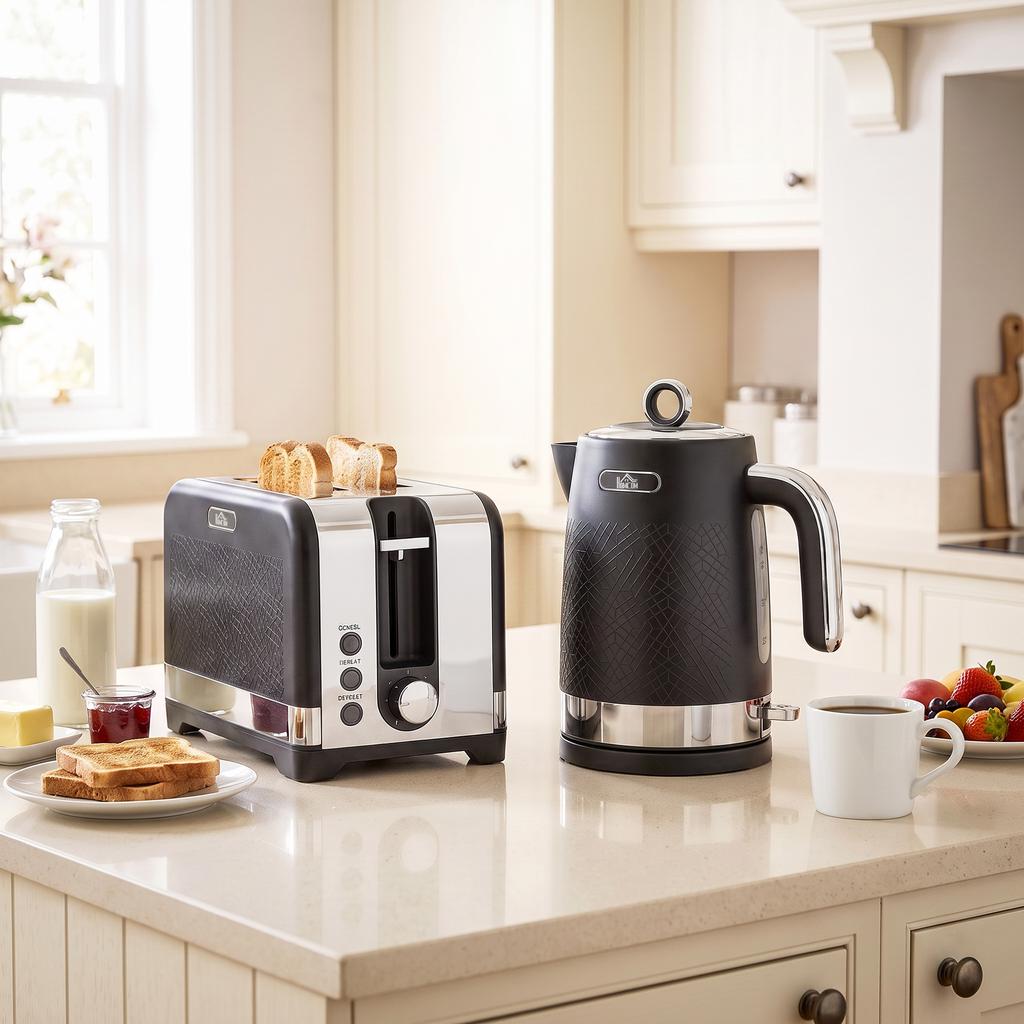 Kettle and Toaster Set, 1.7 L 2200 W Rapid-Boil Kettle with Thermostat, 2-Slice Toaster, Grey