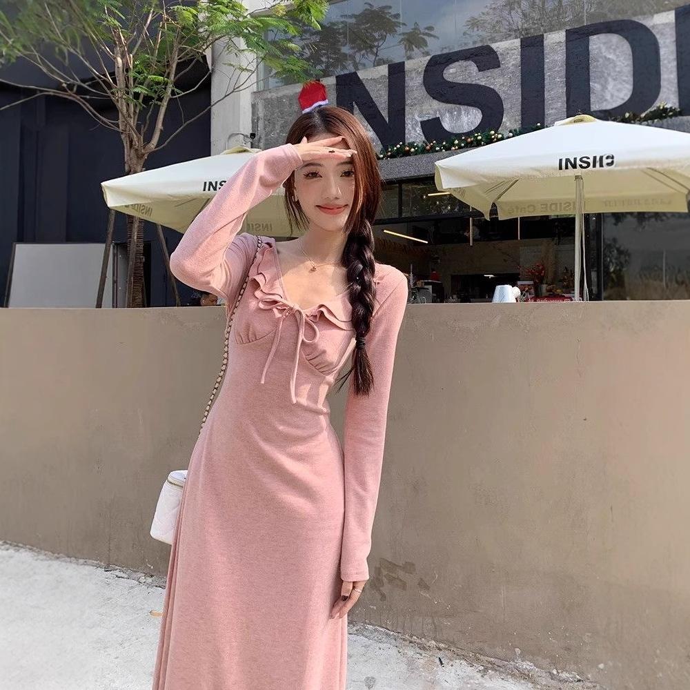 French gentle wind v-neck ruffle leaf edge dress women's clothing autumn and winter straps waist long sleeves temperament hip-wrapped dress