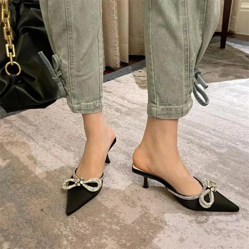 Fashion Women Fashion High Heel Slippers Rhinestone Woman Pump Crystal Bowknot Ankle Strap Ladies Prom Shoes Women High Heel Party Shoes