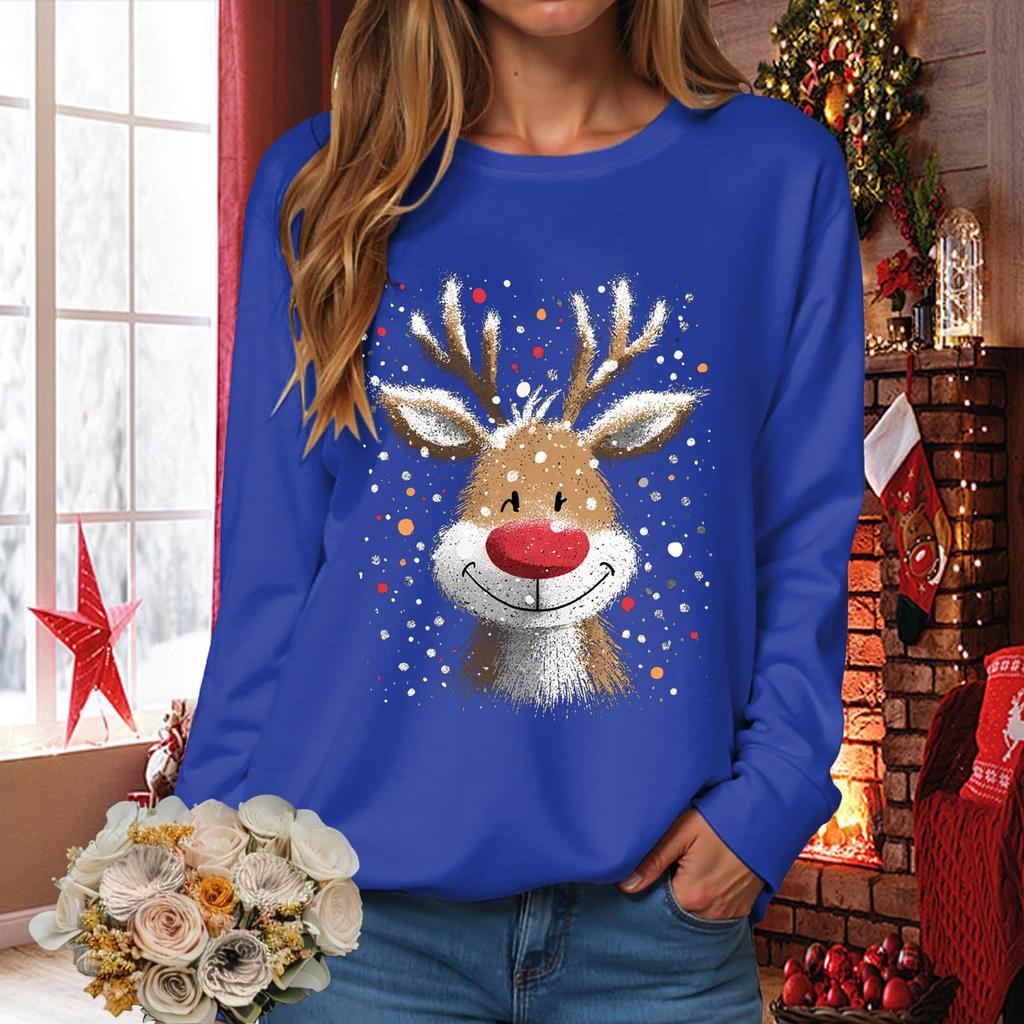 Women's Fashionable Casual Long-Sleeved Loose-Fit Christmas Print Round-Neck Pullover Sweatshirt