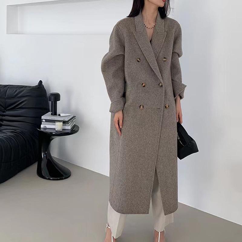 Popular long-haired suit collar double-sided cashmere coat, double-breasted classic women's coat