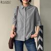 ZANZEA Women Casual Turn Down Collar Loose 3/4 Sleeve Stripe Blouse