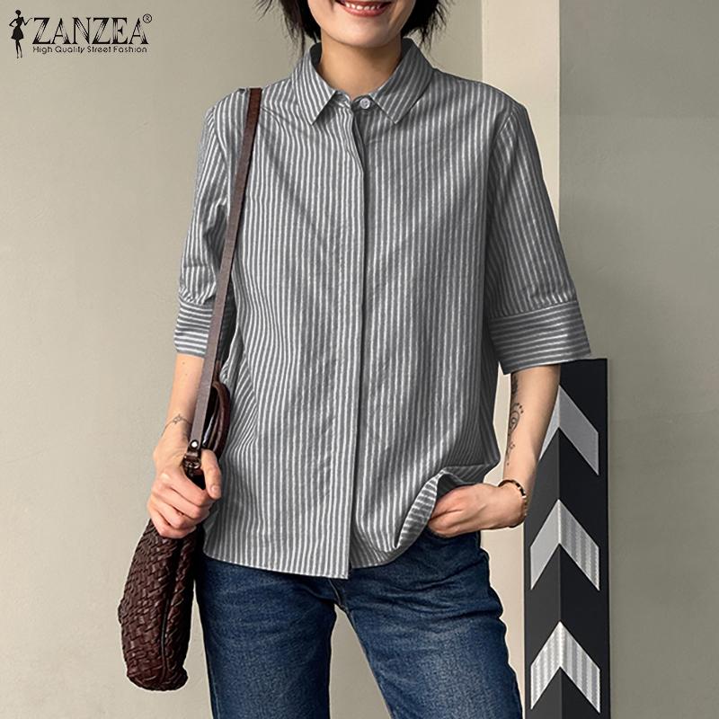 ZANZEA Women Casual Turn Down Collar Loose 3/4 Sleeve Stripe Blouse