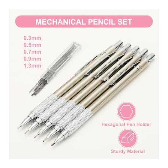 PATIKIL 0.5mm Mechanical Pencil Set with Lead Refills, Metal Drafting Pencil for Artists, Drawing, Writing, Sketching, Marking, Art, Silver