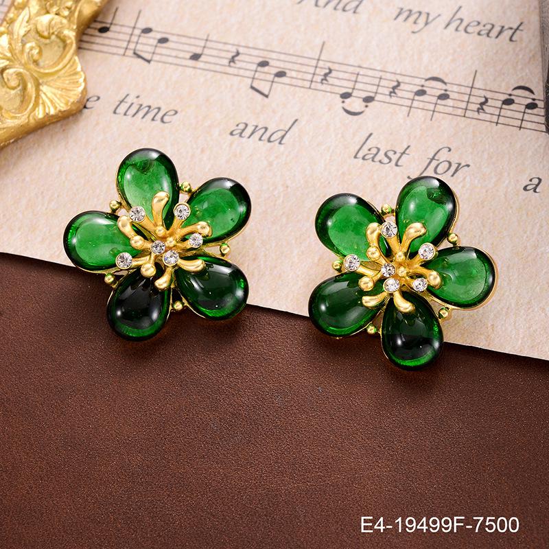 Vintage Grüne Perlenohrringe mit Blumenfaden - Damen Übertriebene 925 Glasstecker