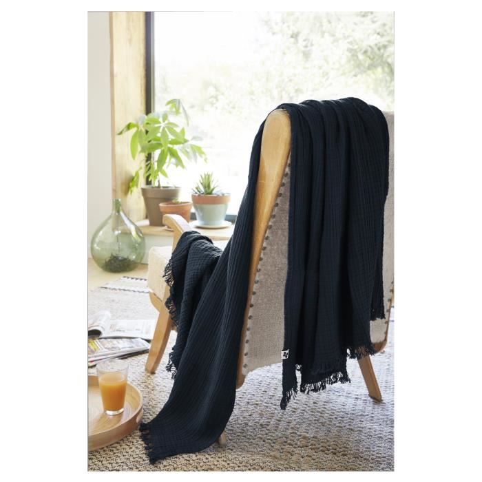 Plaid Quadruple Gaze De Coton 130 X 160 Cm Gaia Bleu Nuit