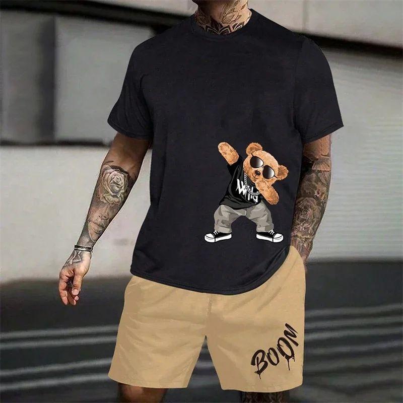 Men's Fashion 3D Teddy Bear Printed T-shirt Shorts 2-piece Set