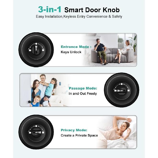 Fingerprint Door Lock, Smart Fingerprint Door Knob with Lock, Biometric Door knob with App Control & Key, Keyless Thumbprint Entry Door Lock for
