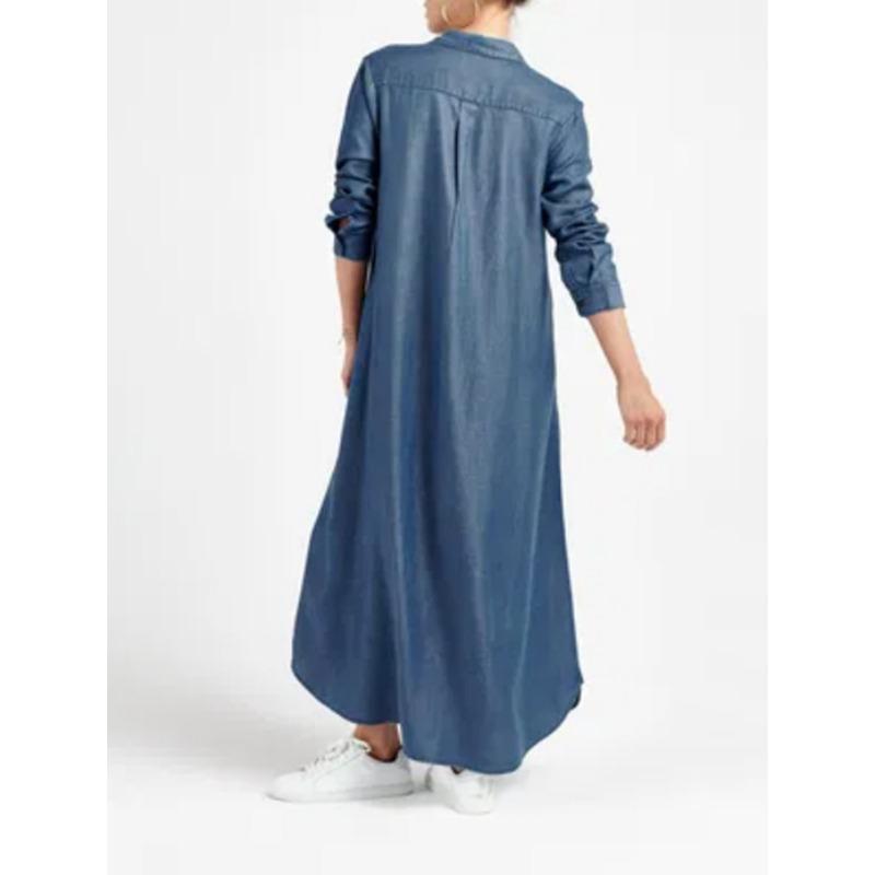 Plus Size Solid Color Denim Maxi Dress: V-Neck Long Sleeve A-Line Cut Dress for Women, Casual Comfortable Everyday Casual Chic Outfit