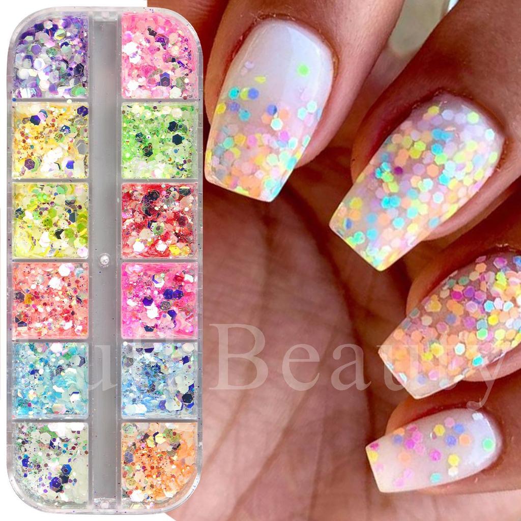 New manicure sequins 12-grid luminous ultra-thin 6-angle shallot luminous glitter sequins