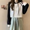 Real shot color matching hooded small short cotton sweater women's thin design long-sleeved top