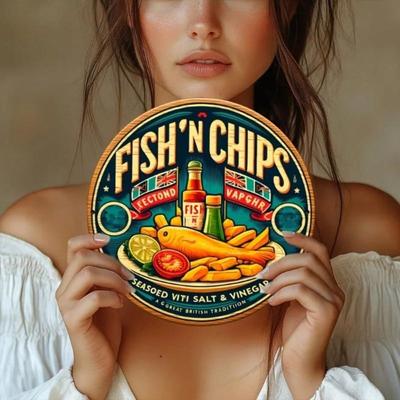 British Pub Metal Sign Fish and Chips Vintage Wall Art Handmade Round Decor Rustic Gift
