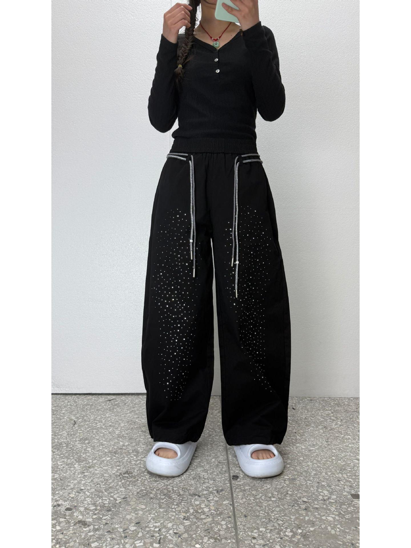 

2026 Summer Trendy Rhinestone Elastic Waist Cargo Pants for Dance L