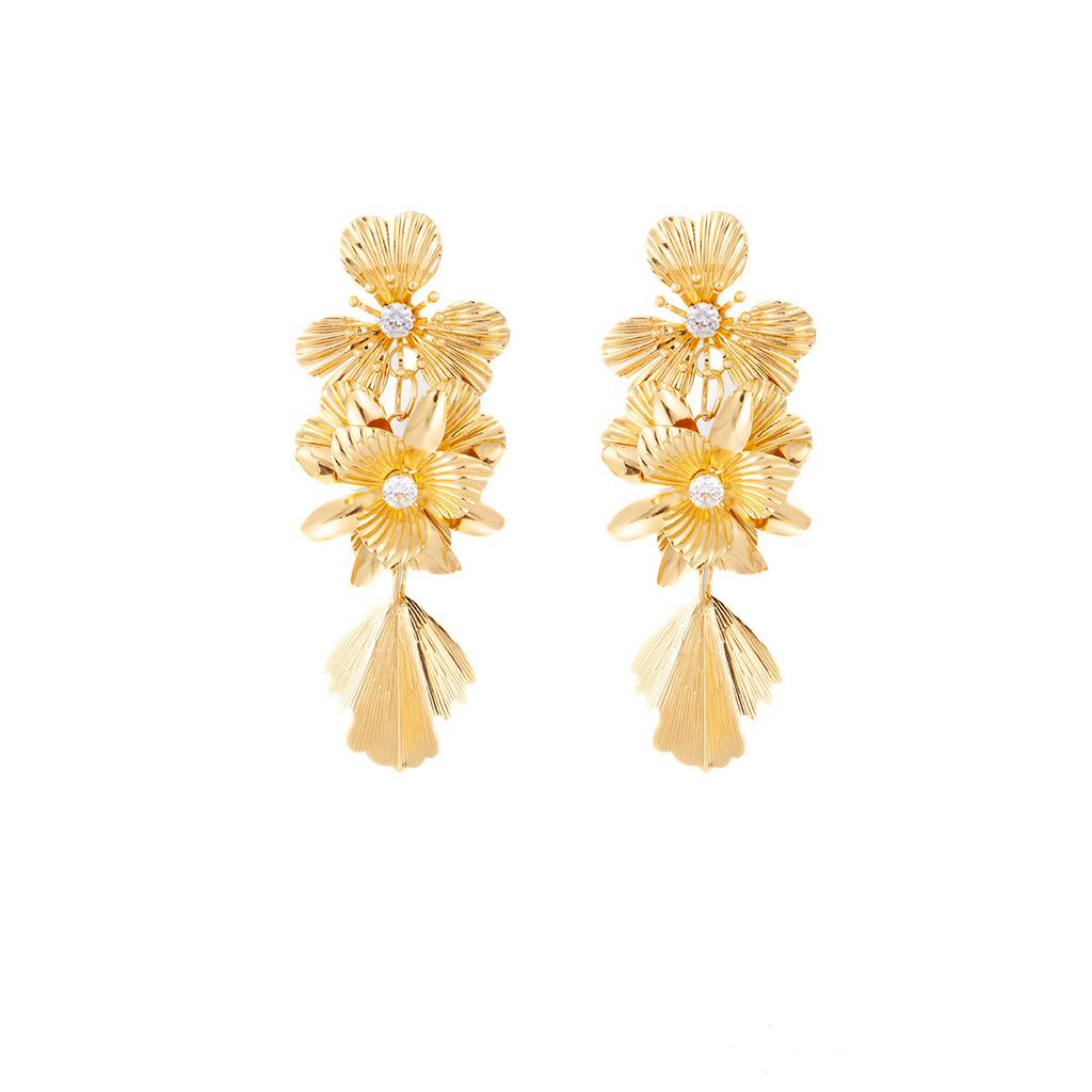 Exaggerated Style Retro Stud Earrings Light Luxury Gold Tassel Diamond Flower Earrings Unique Personality Temperament Earrings