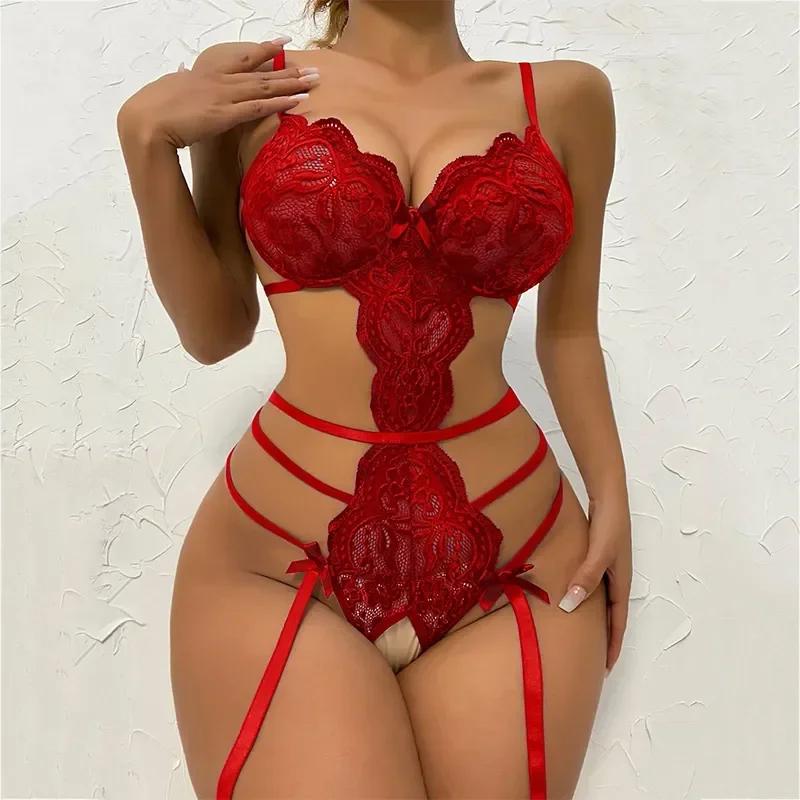 Lingerie Sexy Costume Female Crotchless Bodysuits Underwear Women Lace Sling Patchwork String Sheer Bra Set