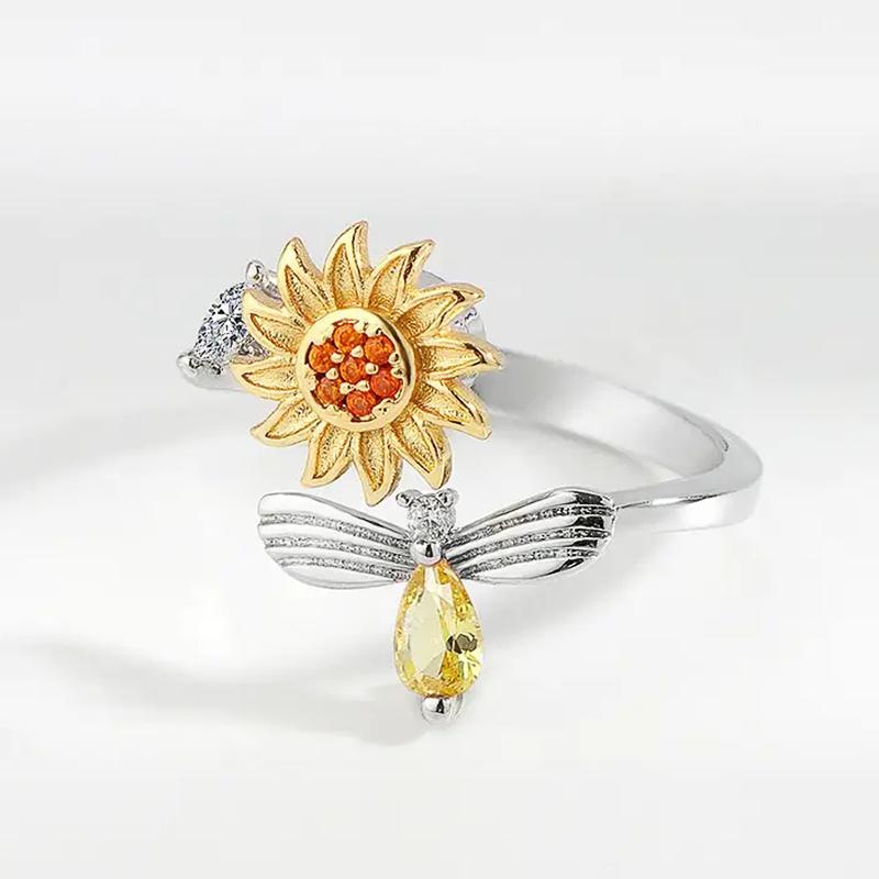 

Huitan Creative Flower and Bee Design Opening Rings for Women Statement Adjustable Finger Accessories Fresh Style Girls Zircon resizable