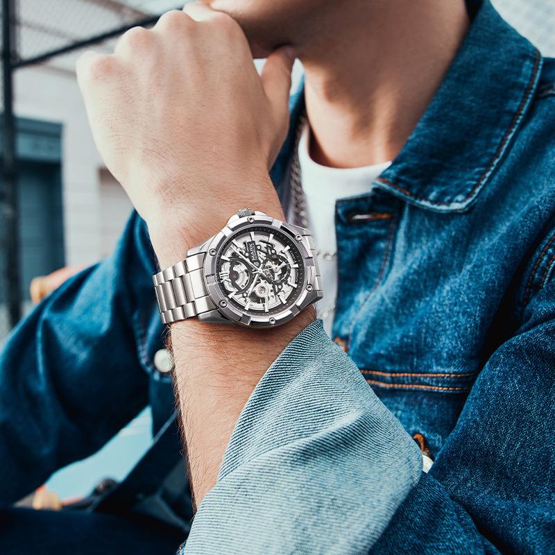 FAIRWHALE Automatic Movement Mechanical Watches For Men 6960 New Business Waterproof Luminous Hollow Stainless Steel Mens Watch