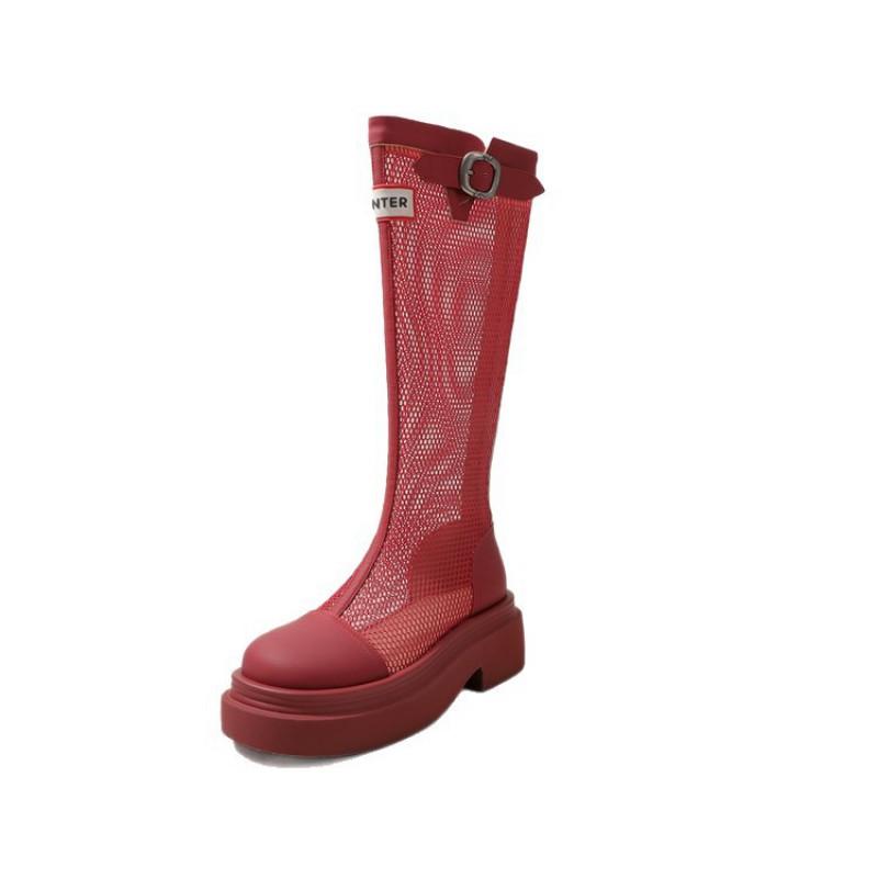 Womens 6CM Chunky Heel Mesh Boots Round Toe Breathable Cutout