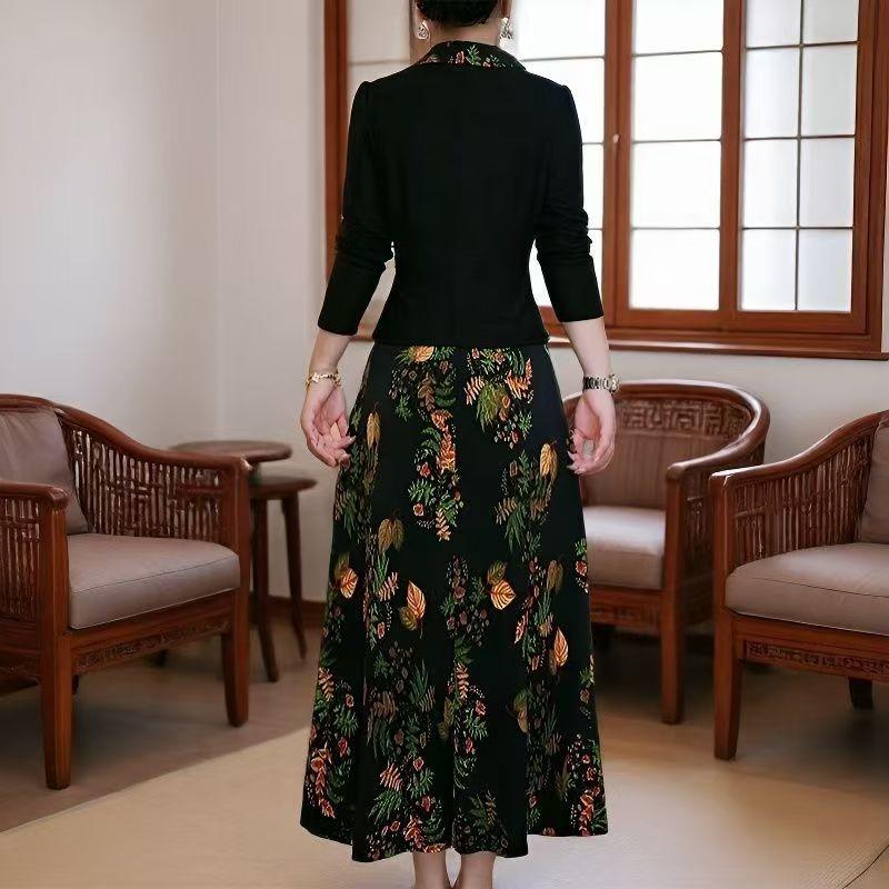 Elegant Chinese Style Long Sleeve Two-Piece Skirt Dress - Slimming & Age-Reducing