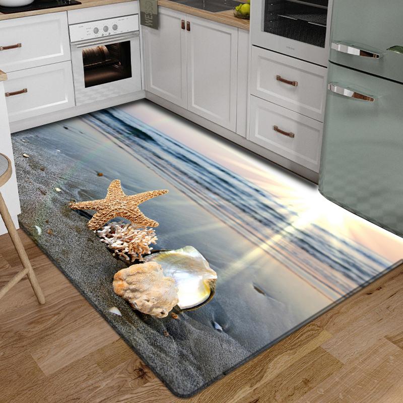 3D Floor Mat Rugs Kitchen Beach Waves Runner Carpet Kitchen Washable Non-slip Living Room Carpet Marine Bath Mat Absorbent