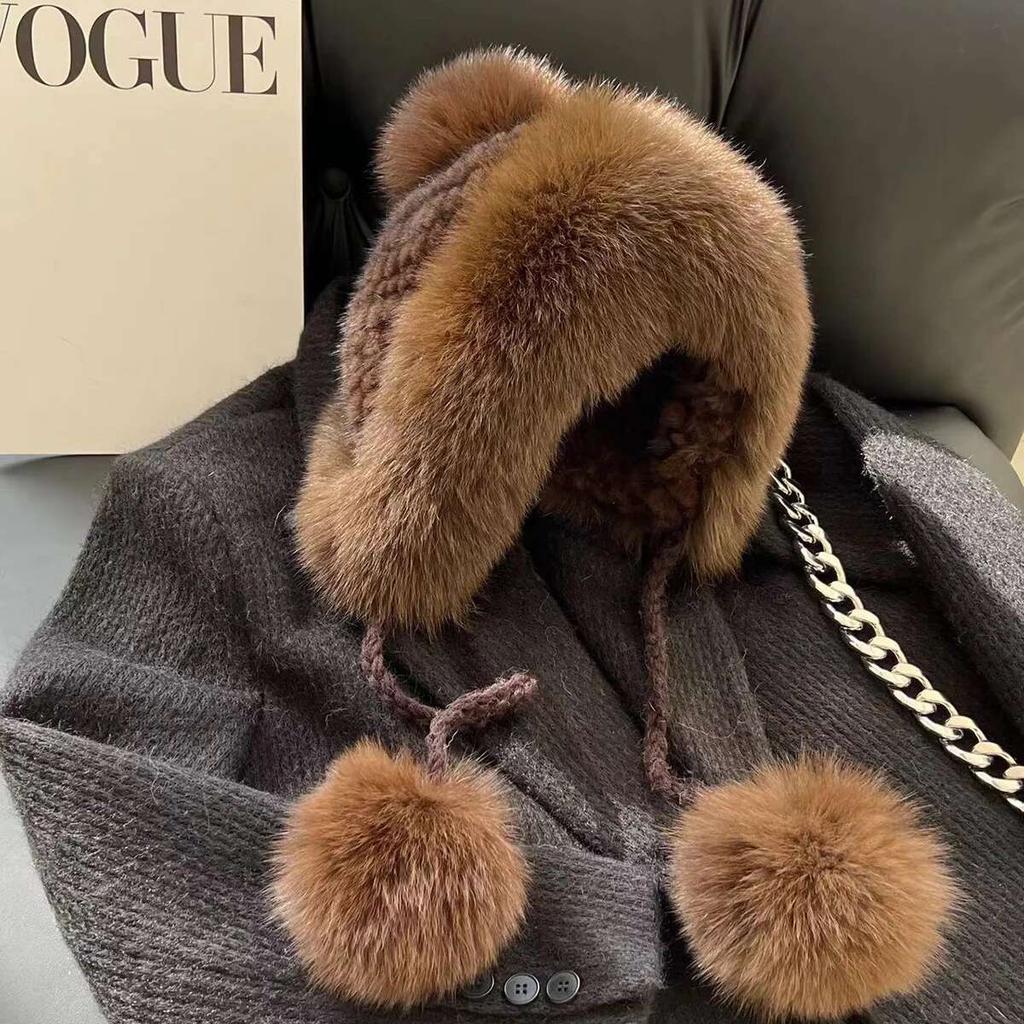 Mink Fur Hat Lei Feng Hat Natural Fur Hat With Fox Fur Ball With Ear Protection Winter Hat For Women Female Warm Knitted Hat