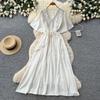 French heavy industry embroidery V-neck dress women's summer short sleeves waist thin A word temperament long dress vacation style