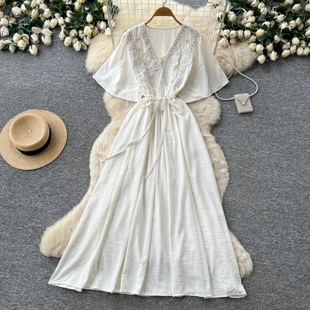 French heavy industry embroidery V-neck dress women's summer short sleeves waist thin A word temperament long dress vacation style