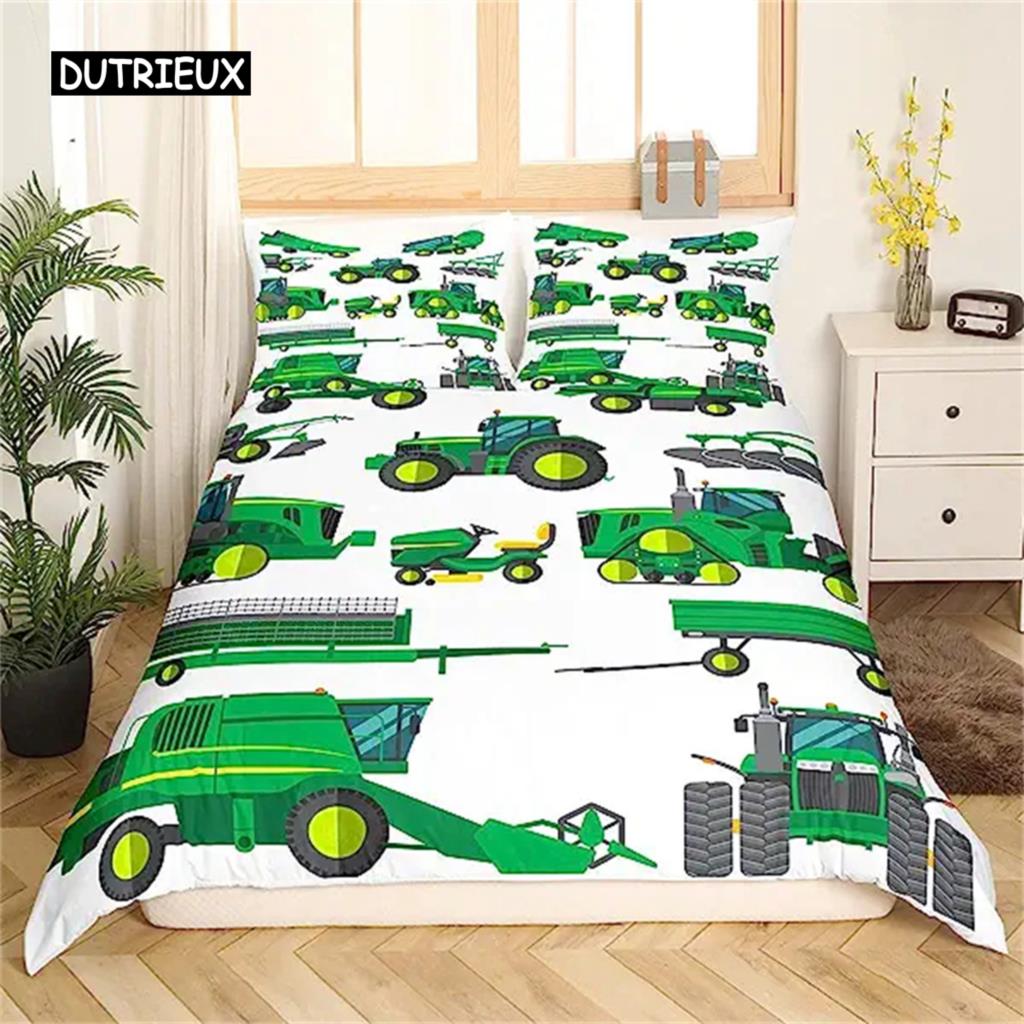 Bettbezug mit Cartoon-Motiv, Bagger, Traktor, King-Size-Bettbezug, Cartoon-Bau-LKW-Bettwäsche-Sets, Fahrzeug für Kinderzimmer-Dekor