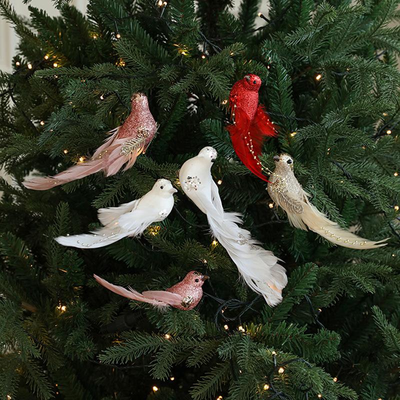 2PC Glitter Christmas Birds Artificial Foam Feathers Couple Bird Pendants for Home Wedding Party XMAS Tree Realistic Decoration