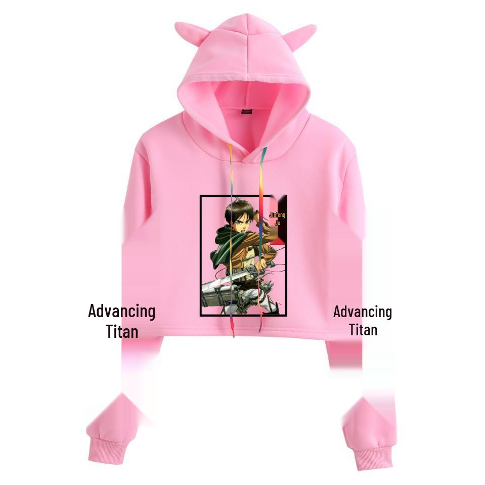2021 Attack on Titan Anime Print Crop Top Hoodie with Cat Ears for Girls