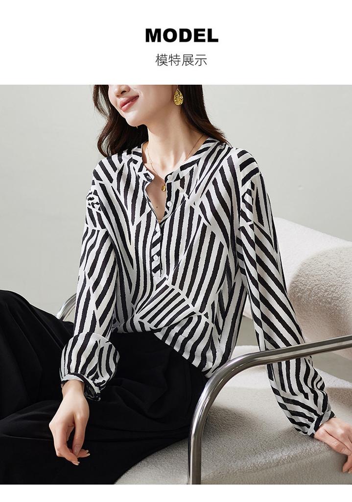 100% mulberry silk striped printed shirt for women's 2026 spring commuting versatile round neck long sleeved silk top
