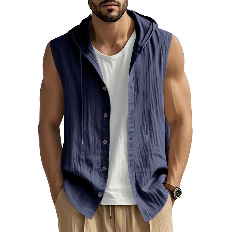 Gilet casual da uomo senza maniche con cappuccio in misto lino multicolore per l'estate