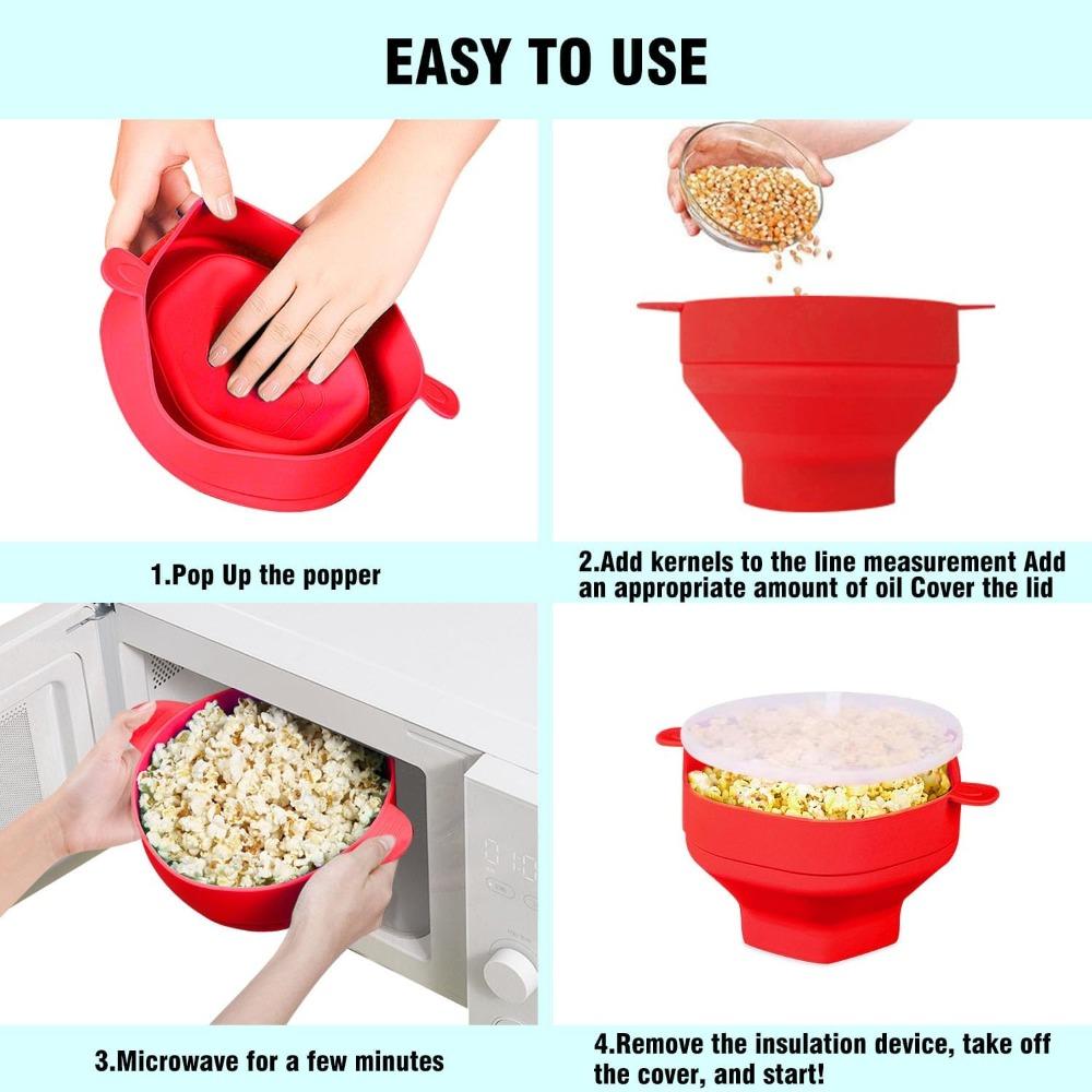 1Pcs Silicone Microwave DIY Popcorn Maker Collapsible Bowl with Lid for Home Family Movie Fruit Dish Kitchen Easy Tools