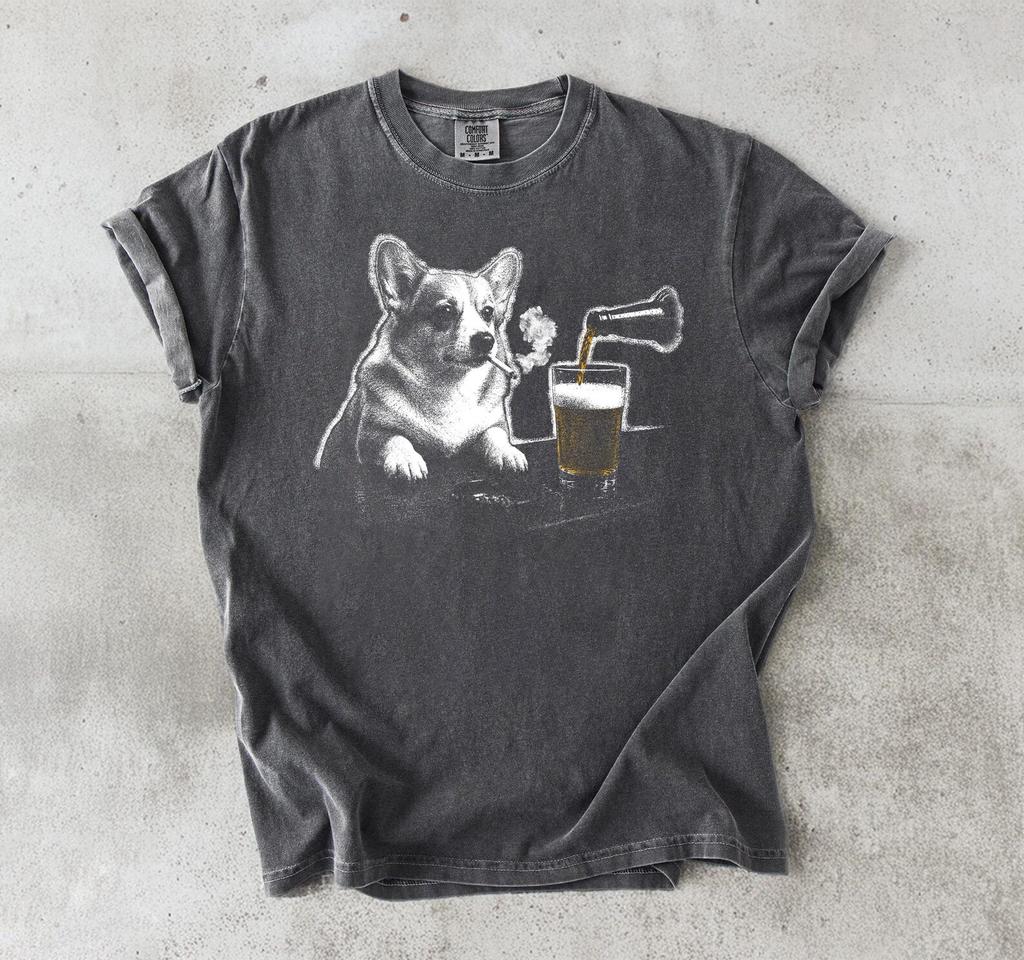 Comfort Colors Corgi Drinking Beer Shirt, Funny Animal Graphic Tee, Silly Sarcastic Corgi Novelty Meme Tee, Corgi Dog Mom Gift
