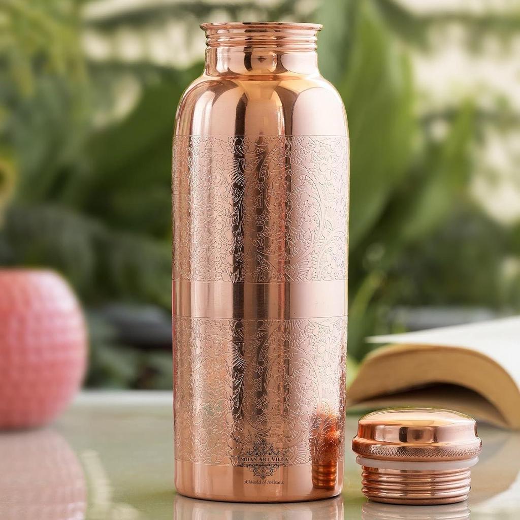 Pure Copper Water Bottle with Floral Vines Embossed Design, Drinkware, Storage Purpose, Volume-600 ML, Pack of 1