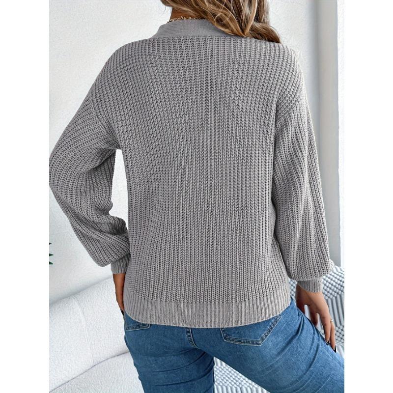 Einfarbiger V-Ausschnitt mit Lochmuster Langarm-Pullover für Herbst und Winter Freizeiturlaub.